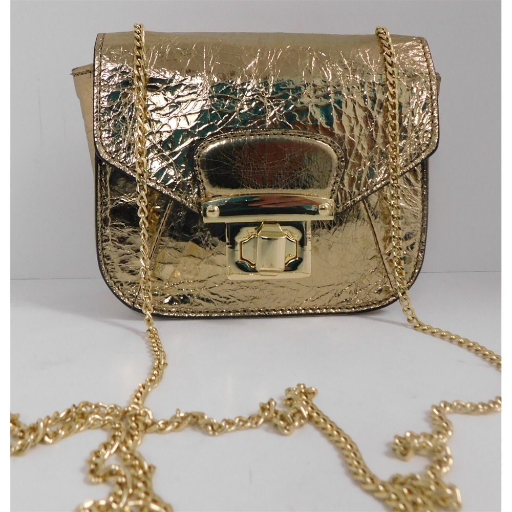 A Bellucci Gold Krinkle Foilโ Leather Gold Chain Flap Mini Crossbody Bag